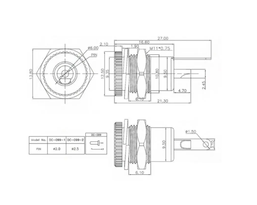 Гніздо живлення металеве 5.5x2.1 мм для монтажу на корпус, надійне підключення електроживлення для пристроїв