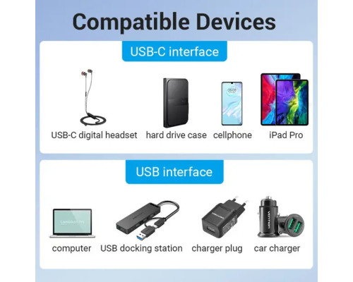 Адаптер Vention USB 3.0 Male to USB-C Female Adapter Gray Aluminum Alloy Type (CDPH0) (CDPH0)