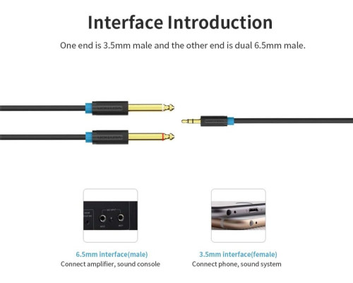 Кабель Vention 3.5mm TRS Male to Dual 6.35mm Male Audio Cable 3M Black (BACBI)