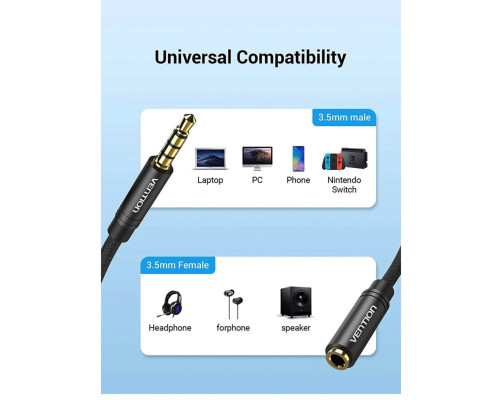 Кабель Подовжувач Vention Cotton Braided TRRS 3.5mm Male to 3.5mm Female Audio Extension Cable 0.5M Black Aluminum Alloy Type