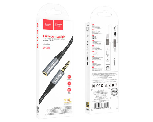 Аудiокабель HOCO UPA20 3.5 audio extension cable male to female (L=2M) Metal Gray (6931474762160)