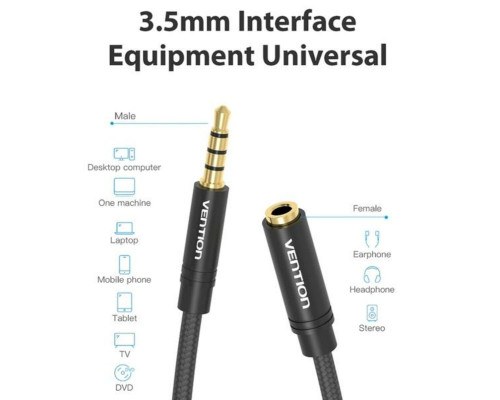 Аудіокабель Vention Cotton Braided 3.5mm Audio Extension Cable 5M Black Metal Type (VAB-B06-B500-M) (VAB-B06-B500-M)