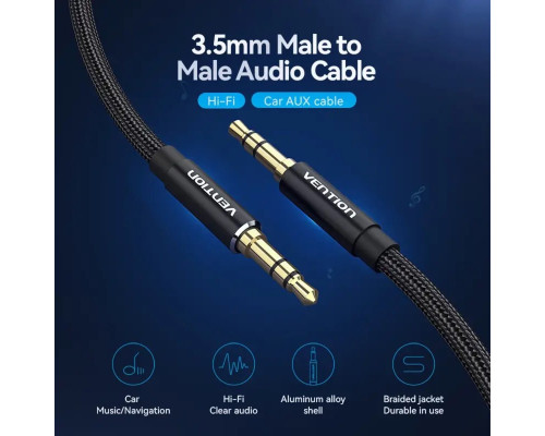 Кабель Vention Cotton Braided 3.5mm Male to Male Audio Cable 1.5M Black Aluminum Alloy Type (BAWBG)