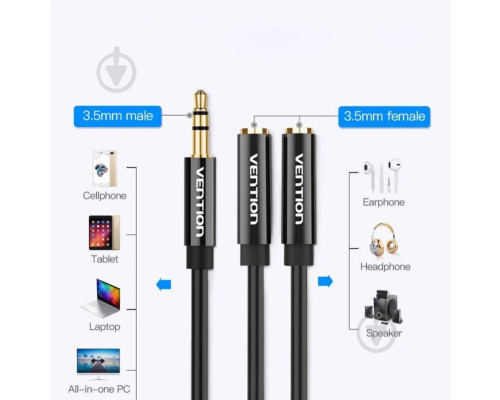 Кабель Vention 3.5mm Male to 2*3.5mm Female Stereo Splitter Cable 0.3M Black ABS Type (BBSBY)