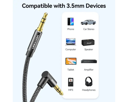 Кабель Vention Cotton Braided 3.5mm Male to Male Right Angle Audio Cable 2M Black Aluminum Alloy Type (BAZBH)