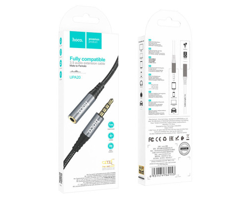 Аудiокабель HOCO UPA20 3.5 audio extension cable male to female (L=1M) Metal Gray (6931474762153)