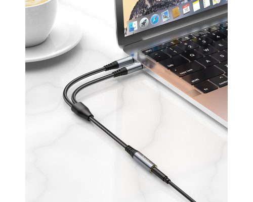 Аудіокабель HOCO UPA21 2-in-1 3.5 headset audio adapter cable(female to 2*male) 0.25m Metal Gray (6931474766816)