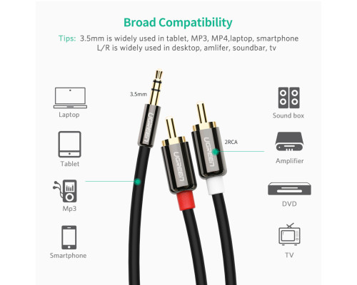Аудіокабель UGREEN AV116 3.5mm Male to 2RCA Male Cable 5m Black (UGR-10591)