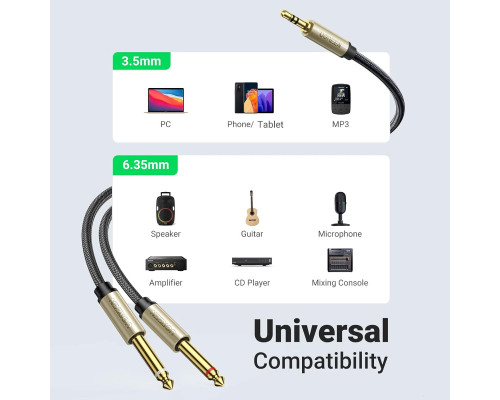 Аудіо кабель UGREEN 3.5mm TRS to Dual 6.35mm TS Audio Cable 1m (Gray) (UGR-10613)