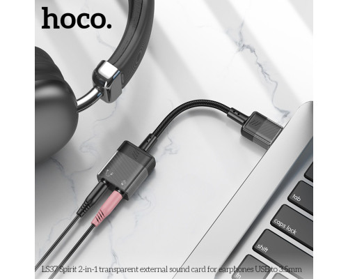 Аудiокабель HOCO LS37 Spirit 2-in-1 transparent external sound card for earphones USB to 3.5mm Black