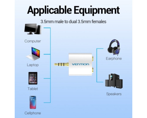 Адаптер Vention 4 Pole 3.5mm Male to 2*3.5mm Female Audio Adapter Silvery Metal Type (BDAW0)