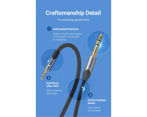 Кабель Vention Cotton Braided 3.5mm TRS Male to 6.35mm Male Audio Cable 1.5M Gray Aluminum Alloy Type (BAUHG)