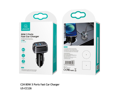 АЗП Usams US-CC142 C24 120W Dual Ports Fast Car Charger Black