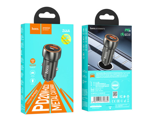 Автомобільний зарядний пристрій HOCO Z46A Blue whale PD20W+QC3.0 car charger Metal Gray