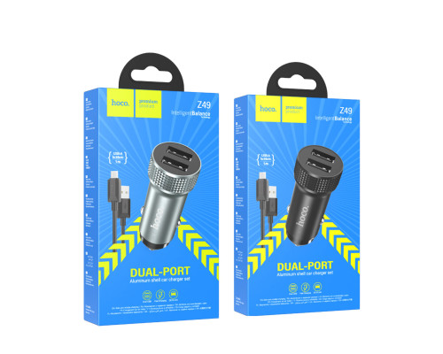 Автомобільний зарядний пристрій HOCO Z49 Level dual port car charger set(Micro) Metal Gray