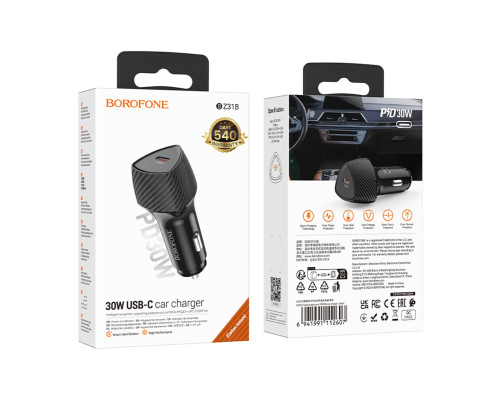 Автомобільний зарядний пристрій BOROFONE BZ31B Solid single-port PD30W car charger Black