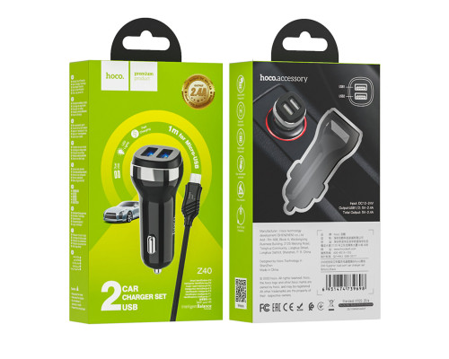 Автомобільний зарядний пристрій HOCO Z40 Superior dual port car charger set(Micro) Black