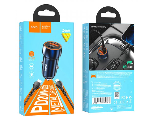 Автомобільний зарядний пристрій HOCO Z46A Blue whale PD20W+QC3.0 car charger set(C to iP) Sapphire Blue