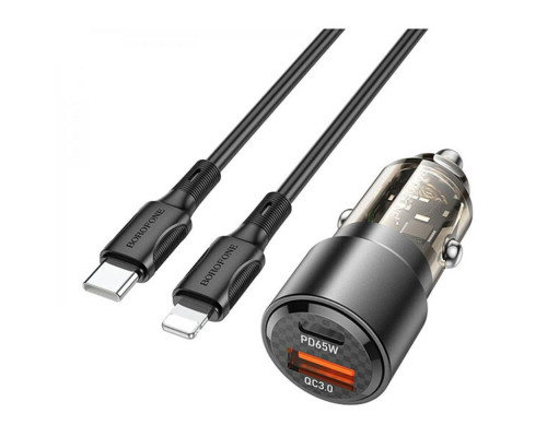 Автомобільний зарядний пристрій BOROFONE BZ20A Smart 83W dual port PD65W+QC3.0 car charger set(C to iP) Transparent Black