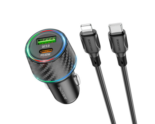 Автомобільний зарядний пристрій BOROFONE BZ21 Brilliant 48W dual port PD30W+QC3.0 car charger set(C to iP) Black