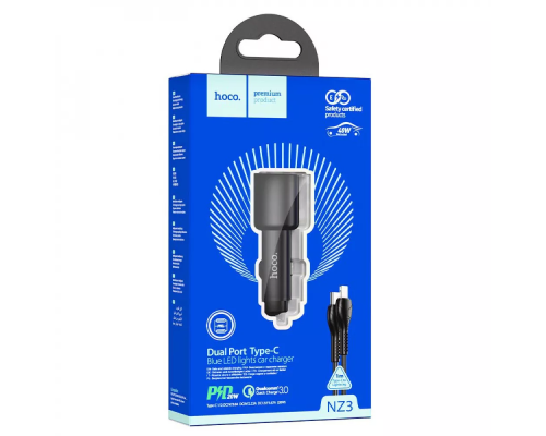 АЗП Hoco NZ3 40W 3A 2USB-C з кабелем lightning black PLS-00-00098802