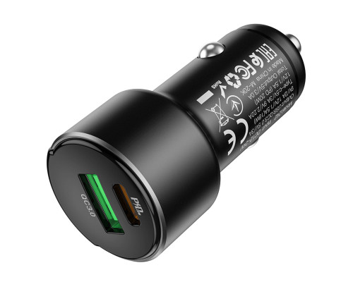 Автомобільний зарядний пристрій HOCO Z42 Light road dual port digital display PD20W+QC3.0 car charger Black