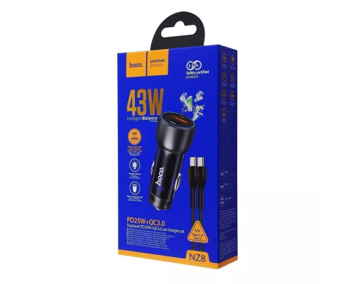 Автомобільний зарядний пристрій HOCO NZ8 Sprinter 43W dual port PD25W+QC3.0 car charger set(Type-C to Type-C) Brown