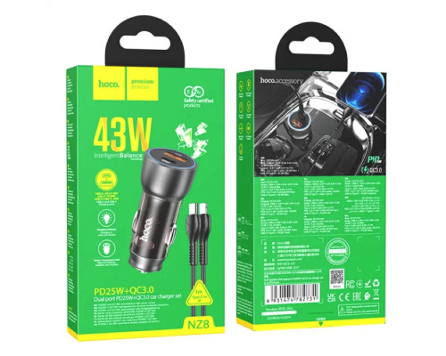 Автомобільний зарядний пристрій HOCO NZ8 Sprinter 43W dual port PD25W+QC3.0 car charger set(C to iP) Brown