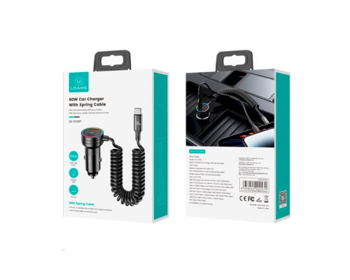 АЗП Usams US-CC167 C33 60W Car Charger With Spring Cable Black