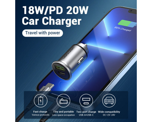 Автомобільний зарядний пристрій Vention Two-Port USB A+C(18/20) Car Charger Gray Mini Style Aluminium Alloy Type (FFBH0)