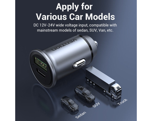 Автомобільний зарядний пристрій Vention Two-Port USB A+C(18/20) Car Charger Gray Mini Style Aluminium Alloy Type (FFBH0)