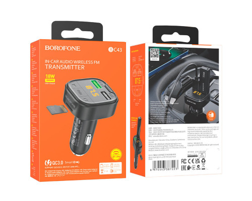 АЗП з FM-модулятором BOROFONE BC43 Flash QC3.0 car BT FM transmitter 18W Black 8525500090