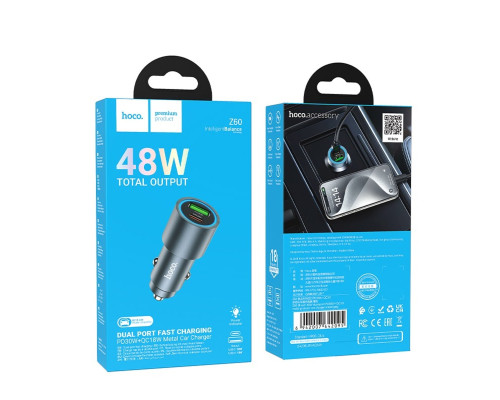 Автомобільний зарядний пристрій HOCO Z60 Bloom 48W dual-port PD30W+QC3.0 multi-protocol car charger Metal Gray (6942007642095)