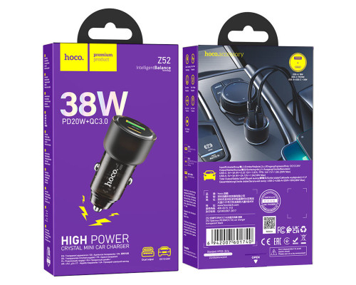 Автомобільний зарядний пристрій HOCO Z52 Spacious PD38W (1C1A) car charger Transparent Black (6942007601740)