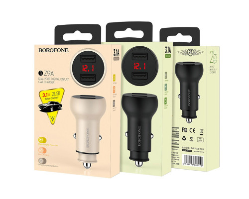 Автомобільний зарядний пристрій BOROFONE BZ9A Wise route dual port digital display car charger Black