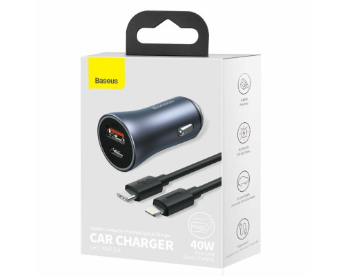 Автомобільний зарядний пристрій Baseus Golden Contactor Pro Dual Car Charger U+C 40W (With Cable Type-C/ iP 1m) Dark Grey (TZCCJD-B0G)