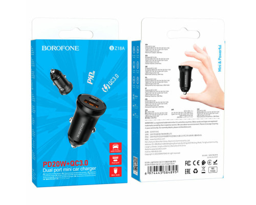 Автомобільний зарядний пристрій BOROFONE BZ18A PD20W+QC3.0 car charger 18W Black