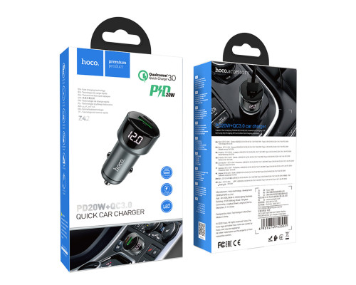 Автомобільний зарядний пристрій HOCO Z42 Light road dual port digital display PD20W+QC3.0 car charger Metal Gray (6931474742551)