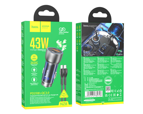 Автомобільний зарядний пристрій HOCO NZ8 Sprinter 43W dual port PD25W+QC3.0 car charger set(C to iP) Blue