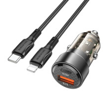 Автомобільний зарядний пристрій BOROFONE BZ20 Smart 38W dual port PD20W+QC3.0 car charger set(C to iP) Transparent Black