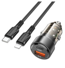 Автомобільний зарядний пристрій BOROFONE BZ20 Smart 38W dual port PD20W+QC3.0 car charger set(C to iP) Transparent Black