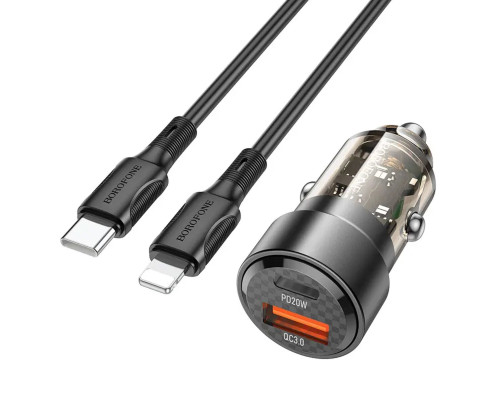 Автомобільний зарядний пристрій BOROFONE BZ20 Smart 38W dual port PD20W+QC3.0 car charger set(C to iP) Transparent Black