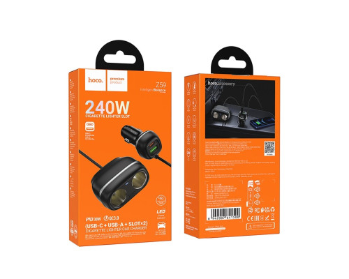Автомобільний зарядний пристрій HOCO Z59 Rank 48W dual port PD30W+QC3.0 dual cigarette lighter slot car charger Black (6942007641500)