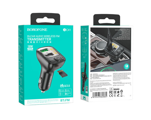 АЗП з FM-модулятором BOROFONE BC41 Eminency QC3.0 Car BT FM transmitter 18W Black (BC41B)