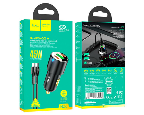 Автомобільний зарядний пристрій HOCO NZ6 PD45W 3-port(2C1A) car charger set(Type-C to Type-C) Black