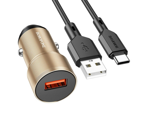 Автомобільний зарядний пристрій BOROFONE BZ19A Wisdom single port QC3.0 car charger set(Type-C) 18W Gold