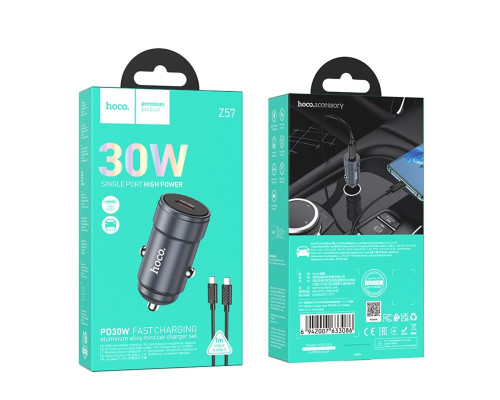 Автомобільний зарядний пристрій HOCO Z57 Glorious single-port PD30W car charger set (C to C) Metal Gray (6942007633086)