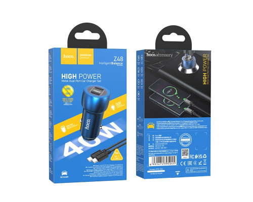 Автомобільний зарядний пристрій HOCO Z48 Tough 40W dual port(2C) car charger set(Type-C to Type-C) Sapphire Blue