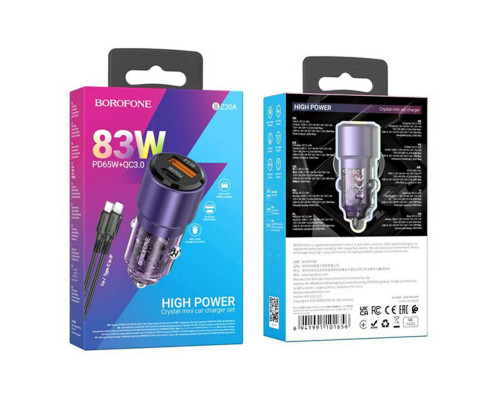 Автомобільний зарядний пристрій BOROFONE BZ20A Smart 83W dual port PD65W+QC3.0 car charger set(C to iP) Transparent Purple