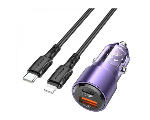 Автомобільний зарядний пристрій BOROFONE BZ20A Smart 83W dual port PD65W+QC3.0 car charger set(C to iP) Transparent Purple